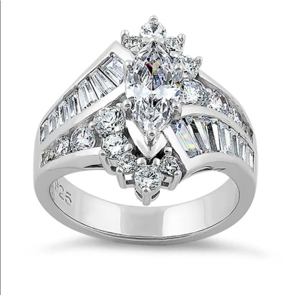 925 STERLING SILVER Marquise & Baguette Cubic Zirconia Cocktail Ring - Picture 12 of 13